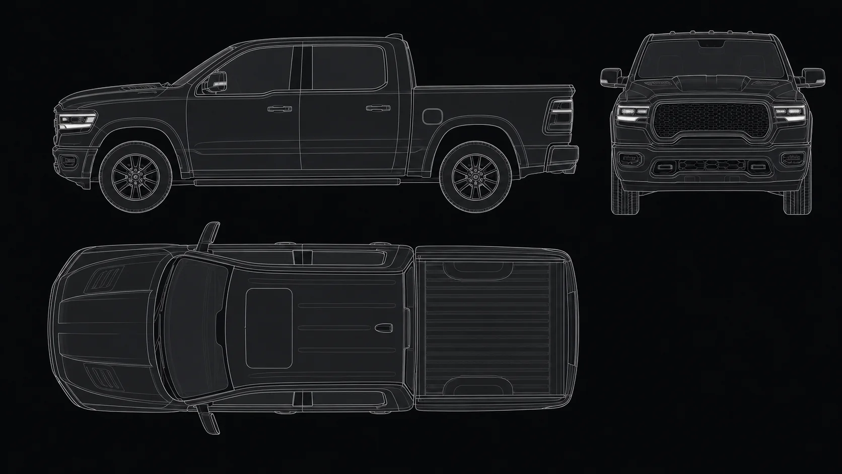 Ram 1500: технические виды сбоку, спереди и сверху