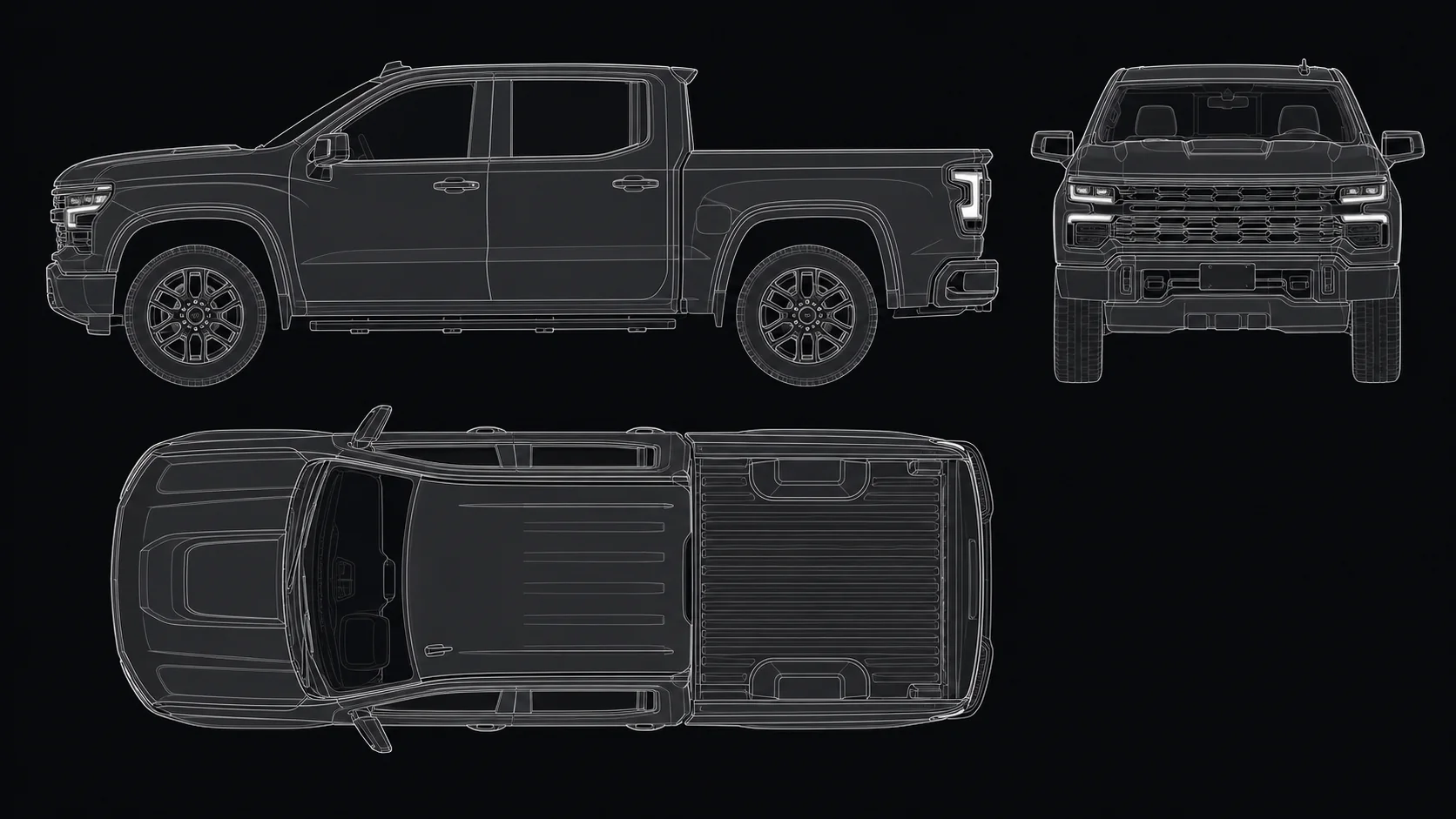 Chevrolet Silverado: технические виды сбоку, спереди и сверху