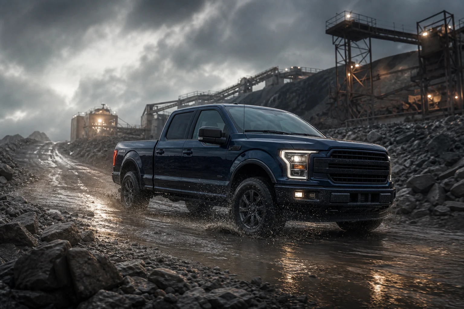 Ford F-150 на мокрой карьерной дороге