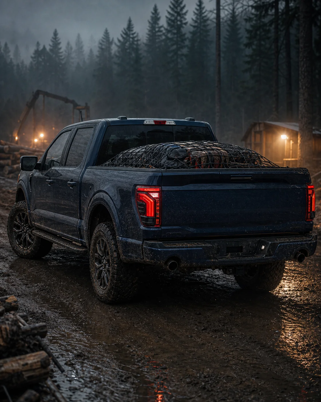 Ford F-150 на лесной рабочей площадке, вид сзади