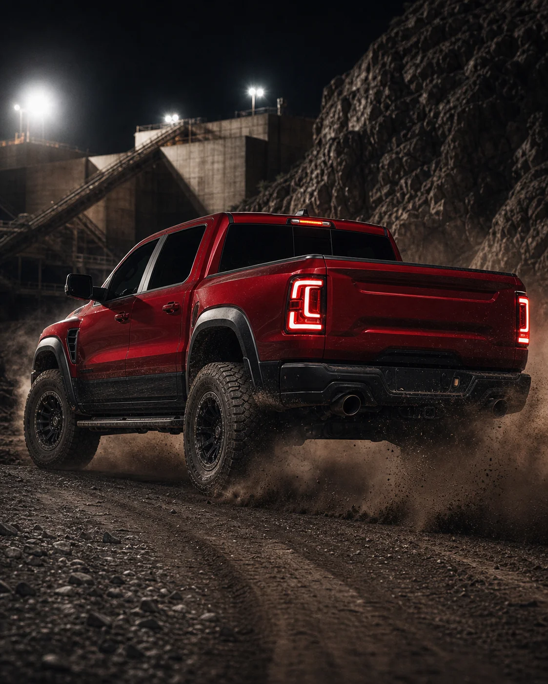 Ram 1500 в ночном карьере, вид сзади