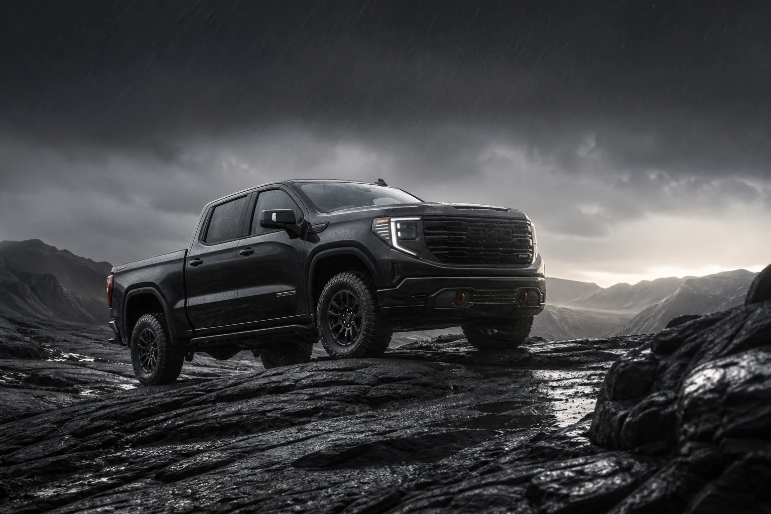 GMC Sierra на штормовом каменном плато