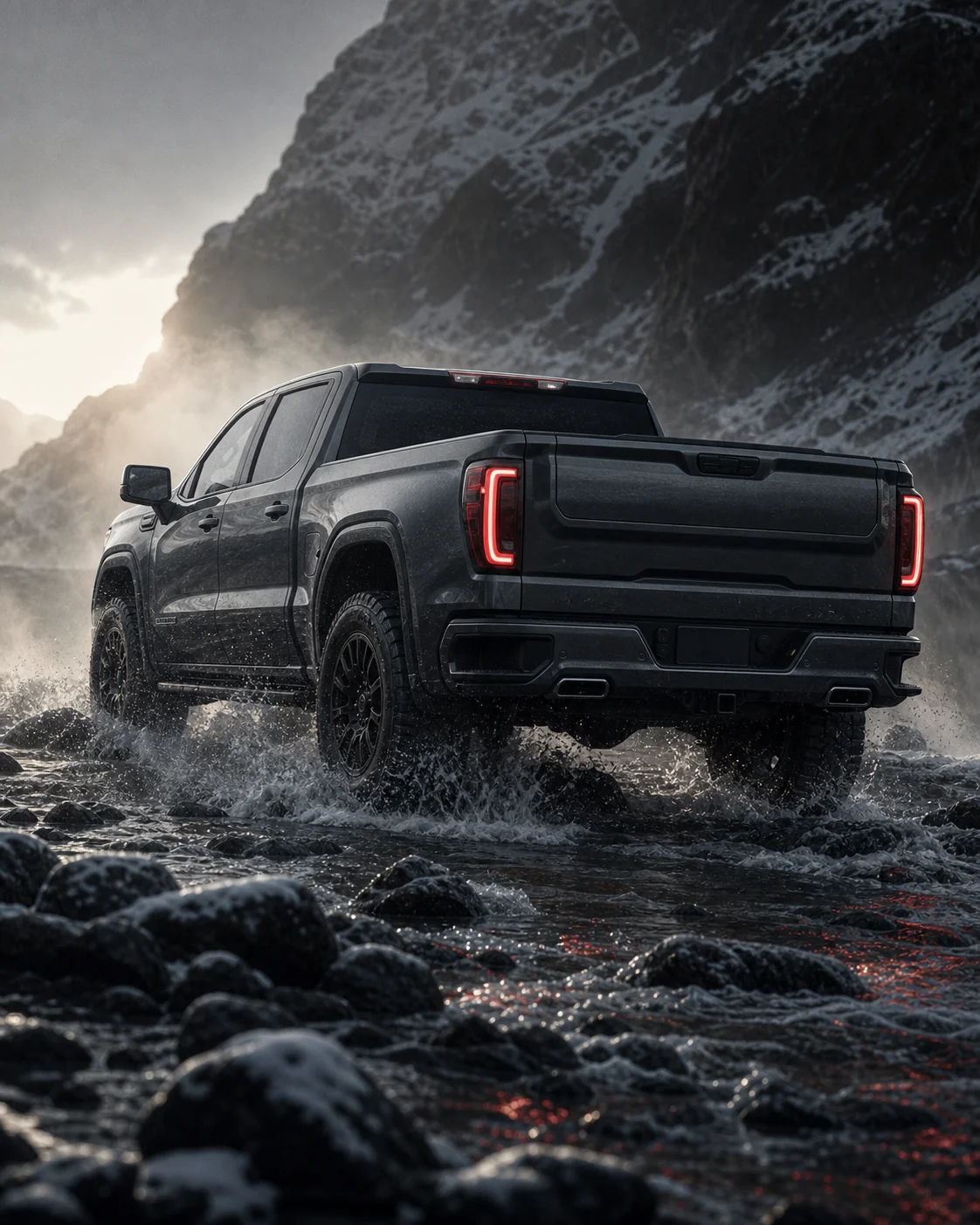 GMC Sierra пересекает горный ручей, вид сзади