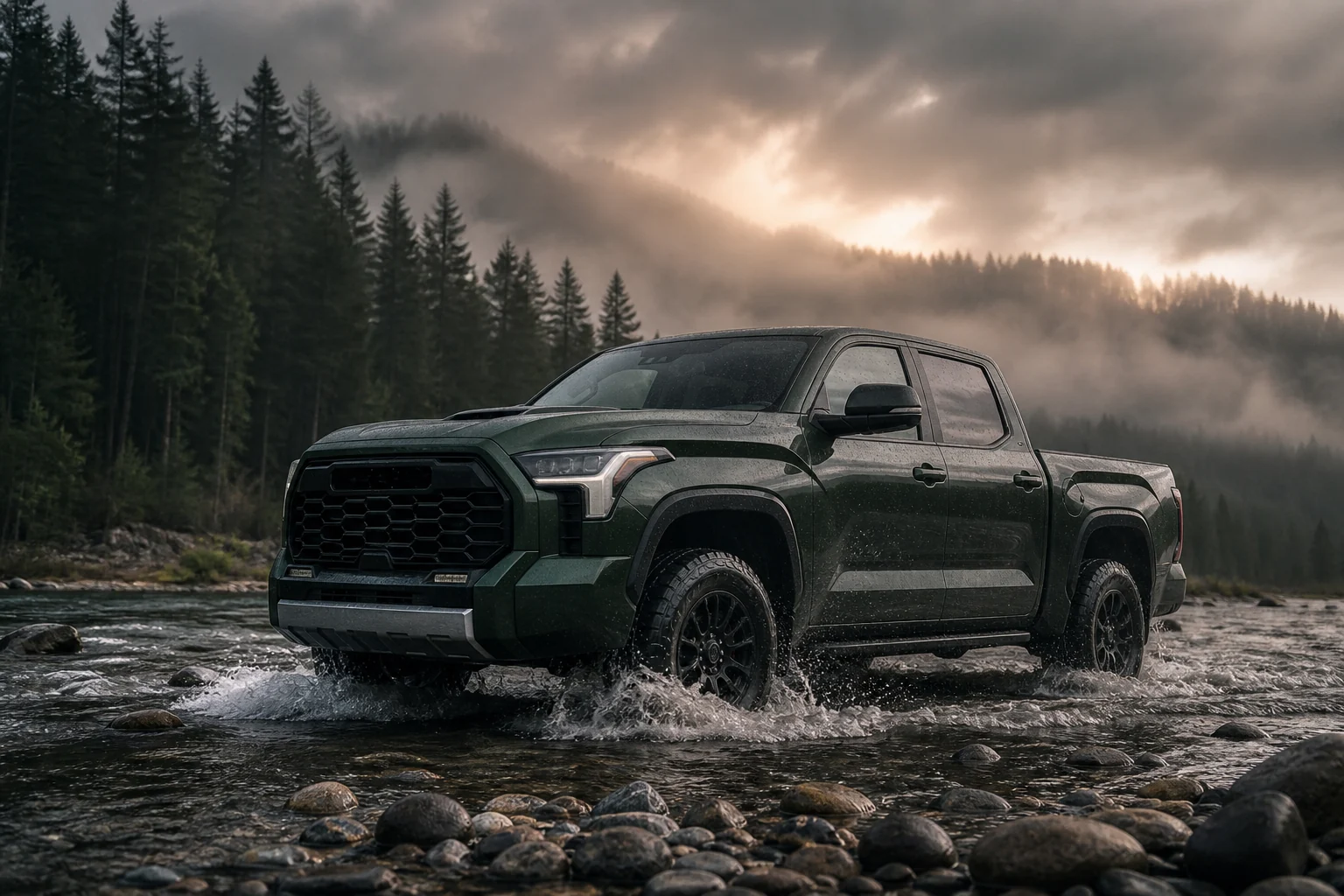 Toyota Tundra пересекает лесную реку