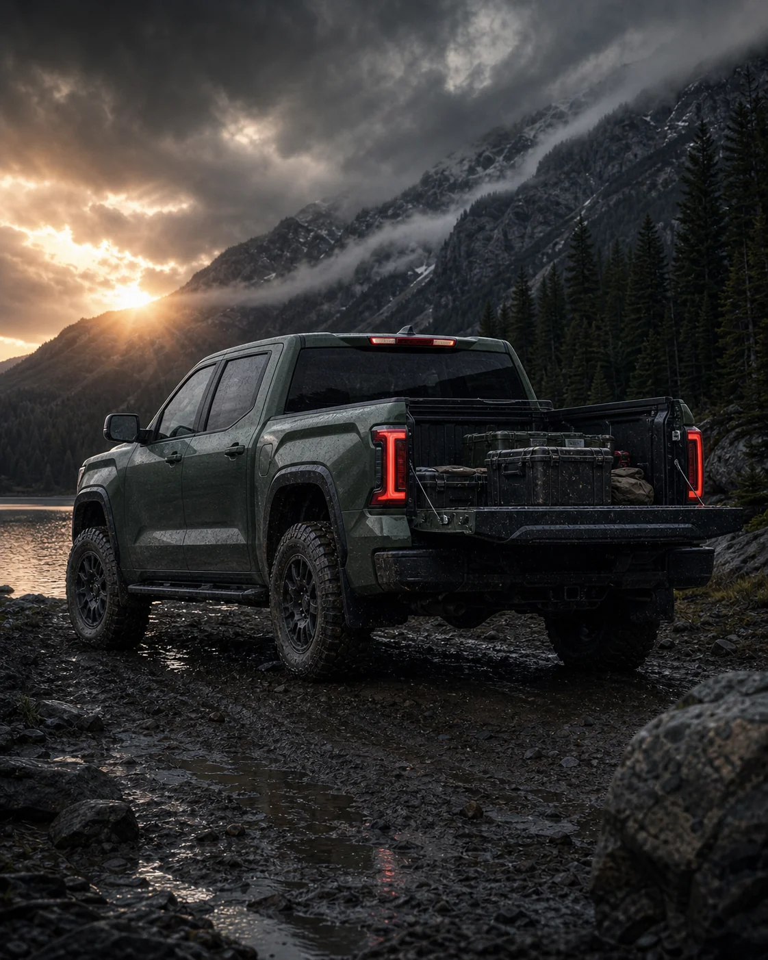 Toyota Tundra у горного озера с открытым кузовом